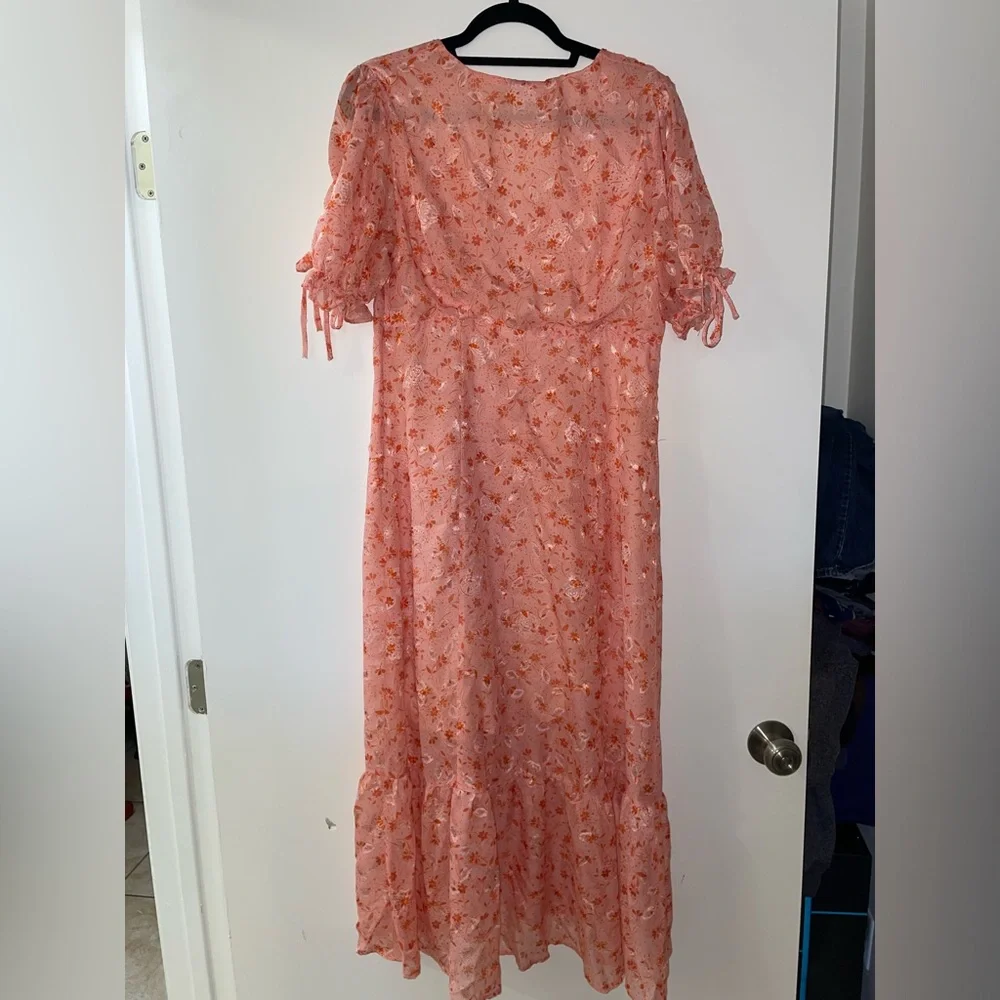 Chelsea 28 Prairie Coral Floral Tie Sleeve Ruffle Hem Midi Dress Size L(12/14)⭐️ - Picture 11 of 15